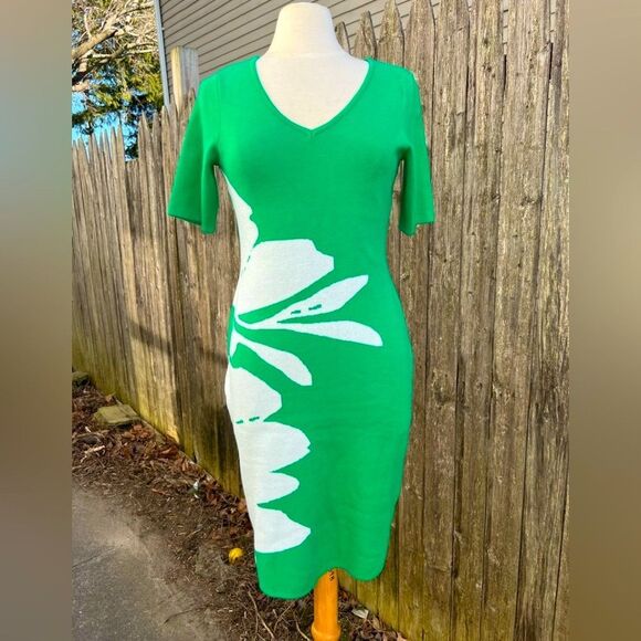 Nina Leonard Green Floral Knit Dress Sz M (BgB) - Picture 3 of 7